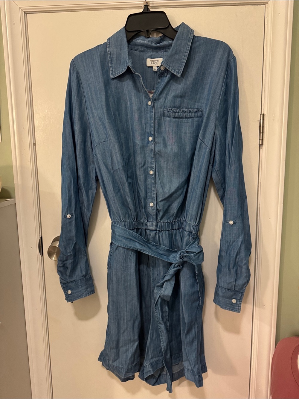 NWT crown & ivy Denim-Look Long Sleeve Shirt Romper in Blue - Picture 2 of 7